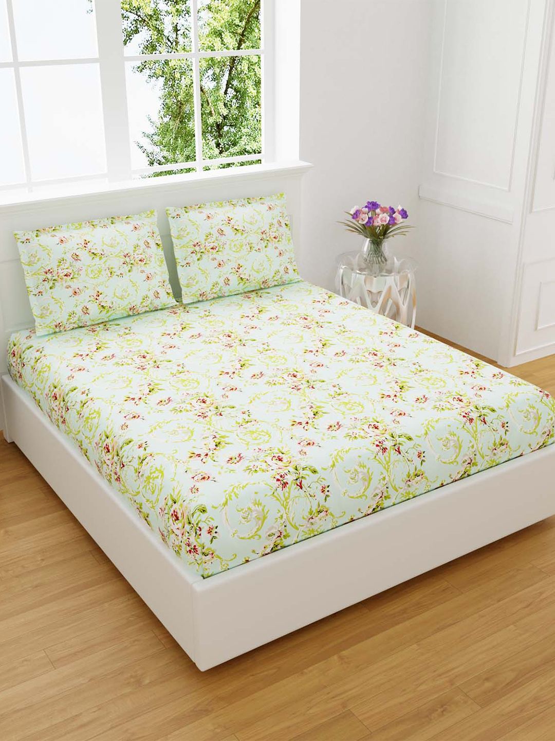 JAIPUR FABRIC Green Floral Printed 300 TC King Size Bedsheet With 2 Pillow Covers Price in India