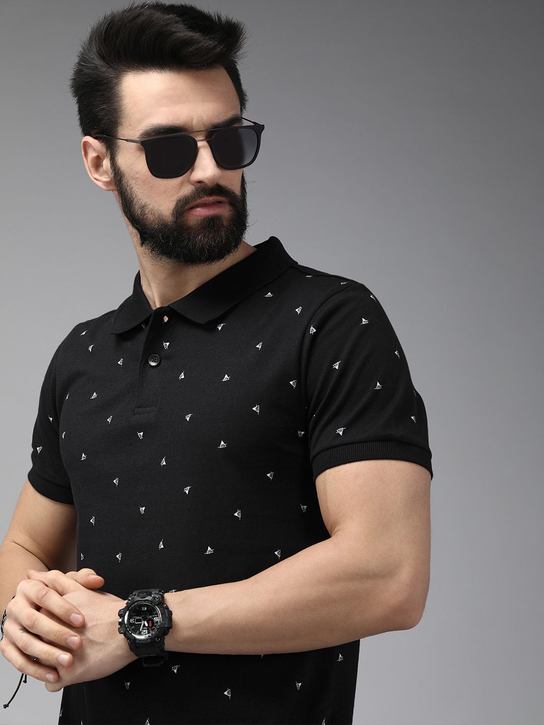 The Roadster Lifestyle Co Men Black Printed Cotton Polo Collar T-shirt
