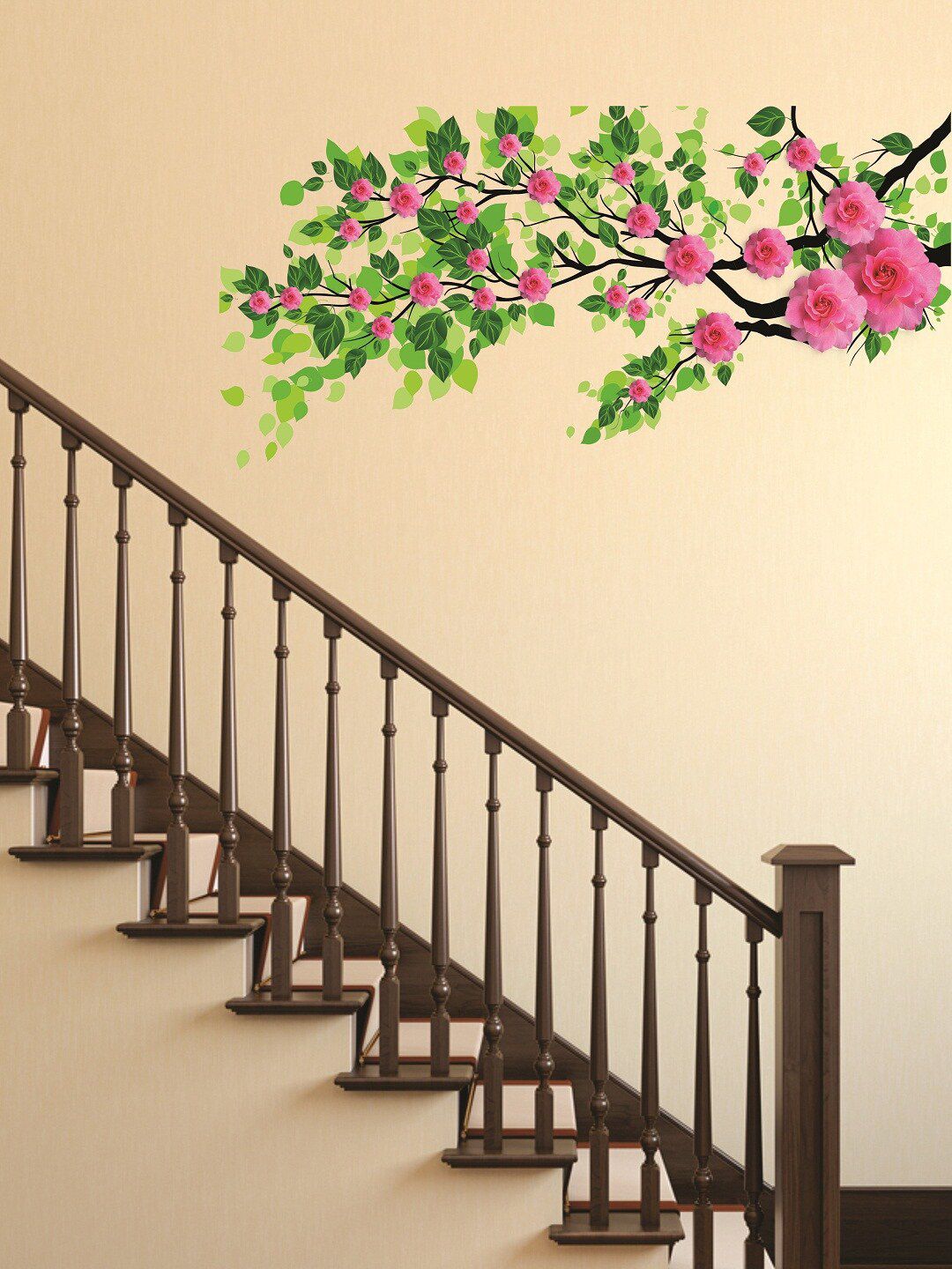 WALLSTICK Green & Rose Pink Floral & Botanical Large Vinyl Wall Sticker Price in India