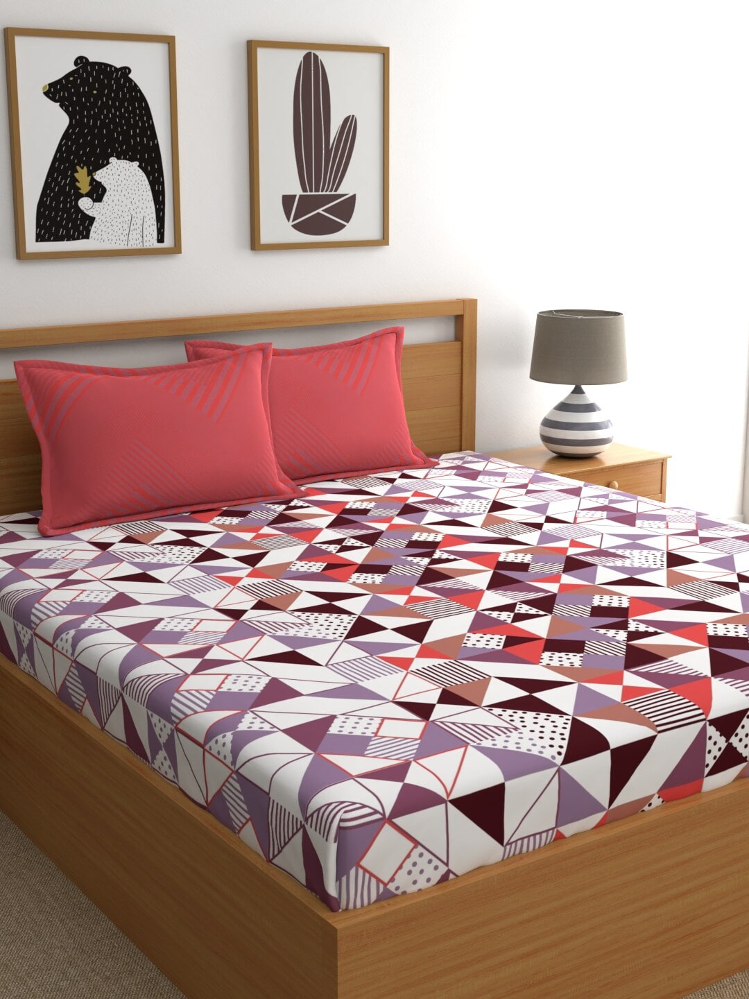 Home Ecstasy White & Purple Geometric 140 TC King Cotton Bedsheet with 2 Pillow Covers Price in India