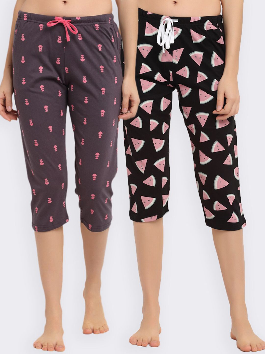 Kanvin Women Pack Of 2 Printed Pure Cotton Lounge Capris Price in India