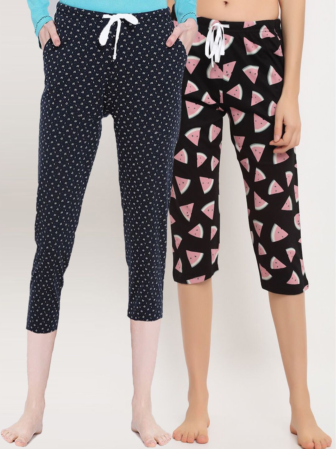 Kanvin Women Pack Of 2 Black & Navy Blue Printed Pure Cotton Lounge Capris Price in India