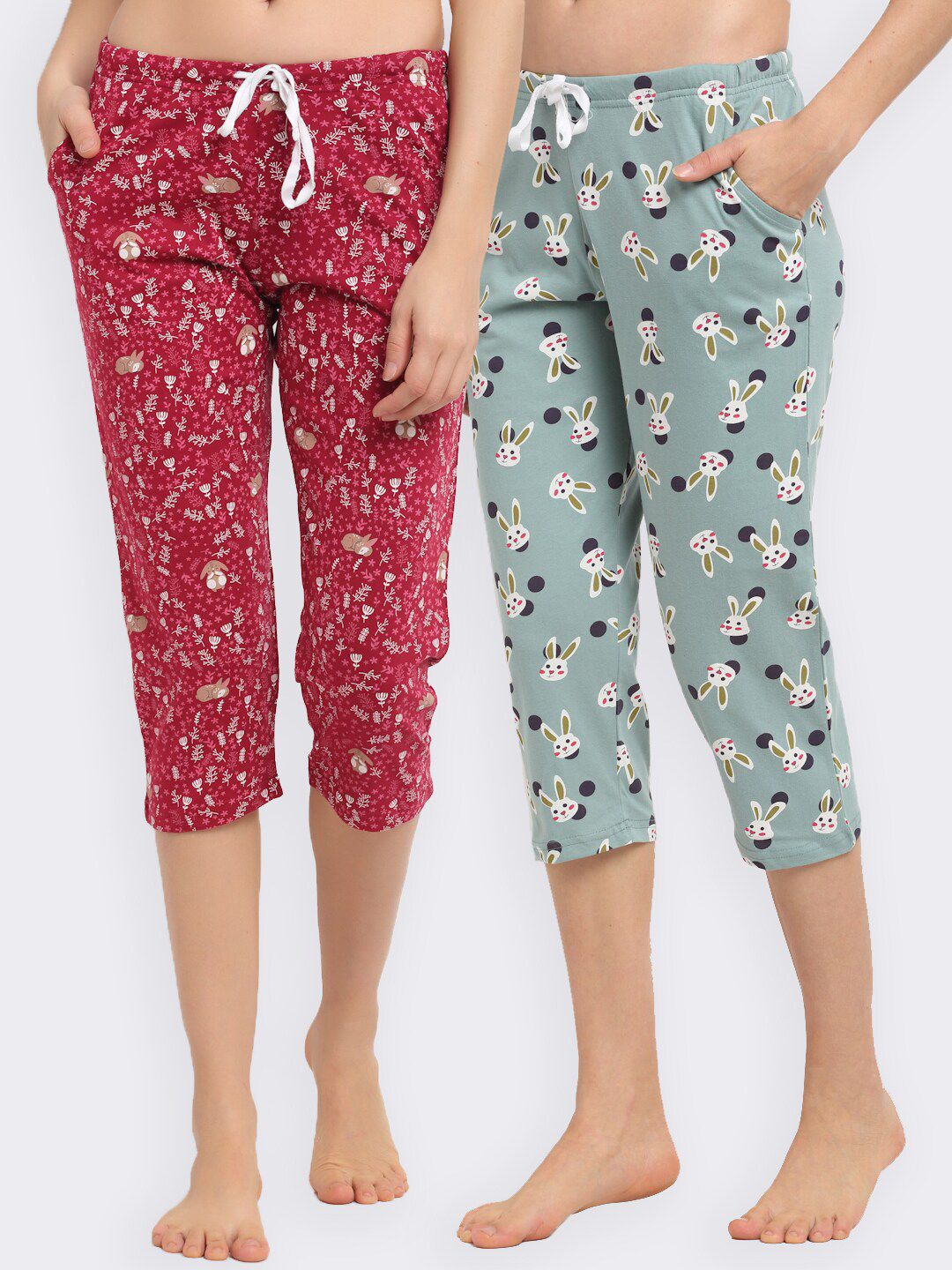 Kanvin Women Pack of 2 Printed Pure Cotton Capri Lounge Pants Price in India