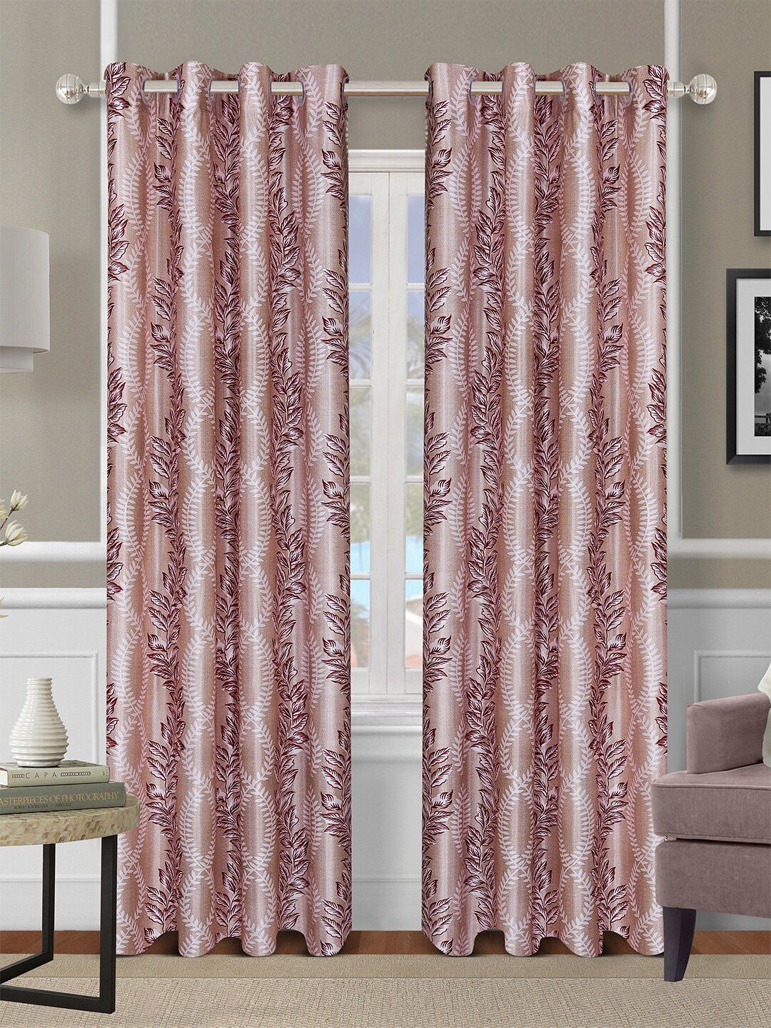 ROMEE Beige & Maroon Set of 2 Floral Long Door Curtain Price in India