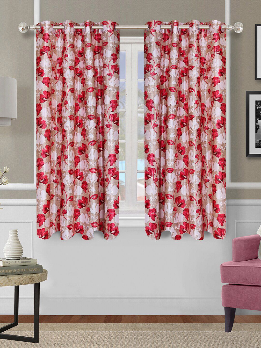 ROMEE Beige & Red Set of 2 Floral Printed Window Curtain Price in India