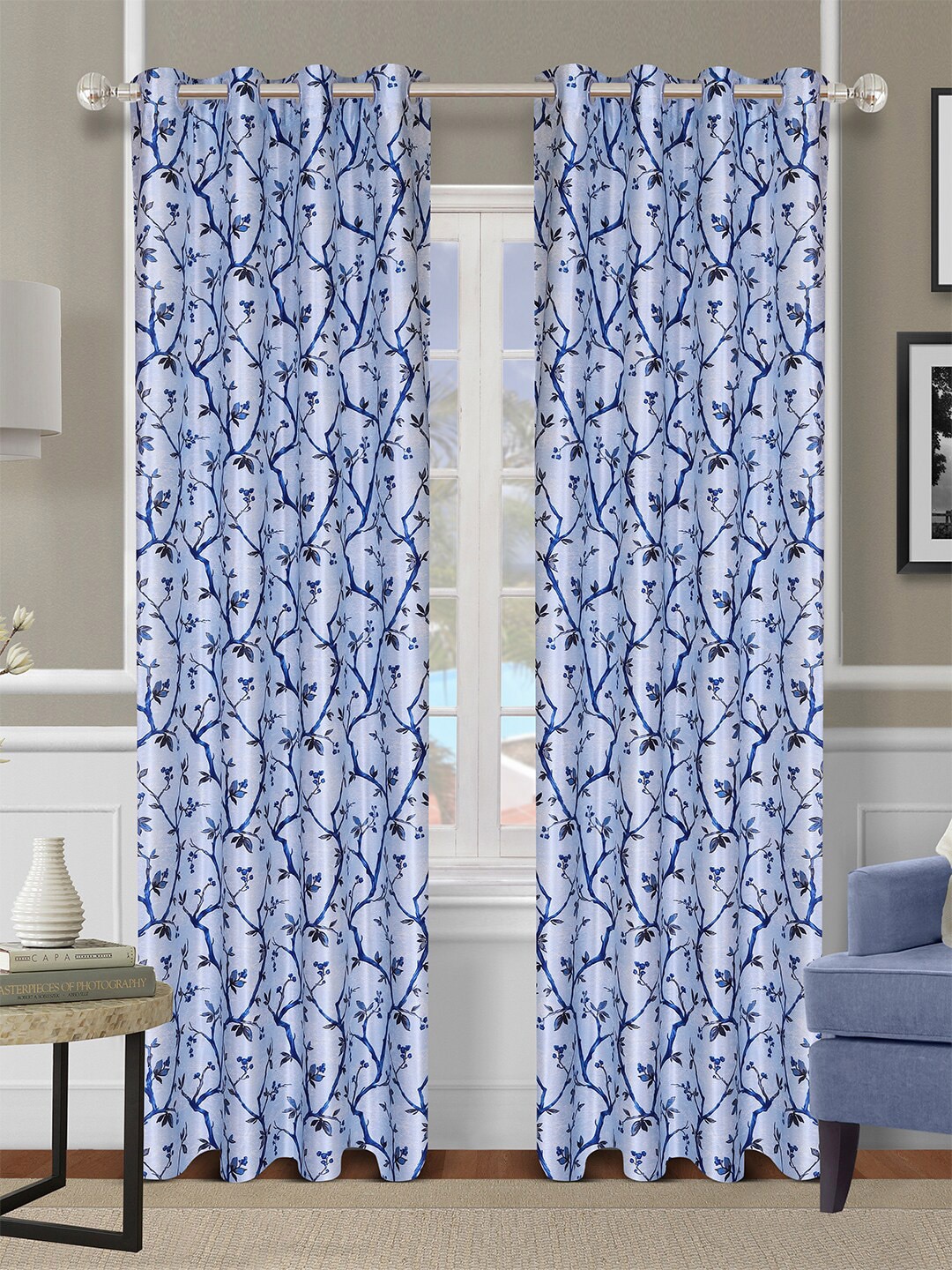 ROMEE Blue & White Set of 2 Floral Printed Door Curtain Price in India