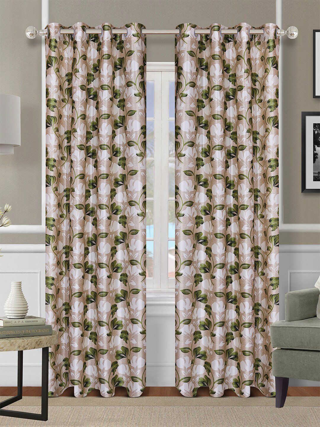 ROMEE Set of 2 Beige & Green Floral Door Curtain Price in India