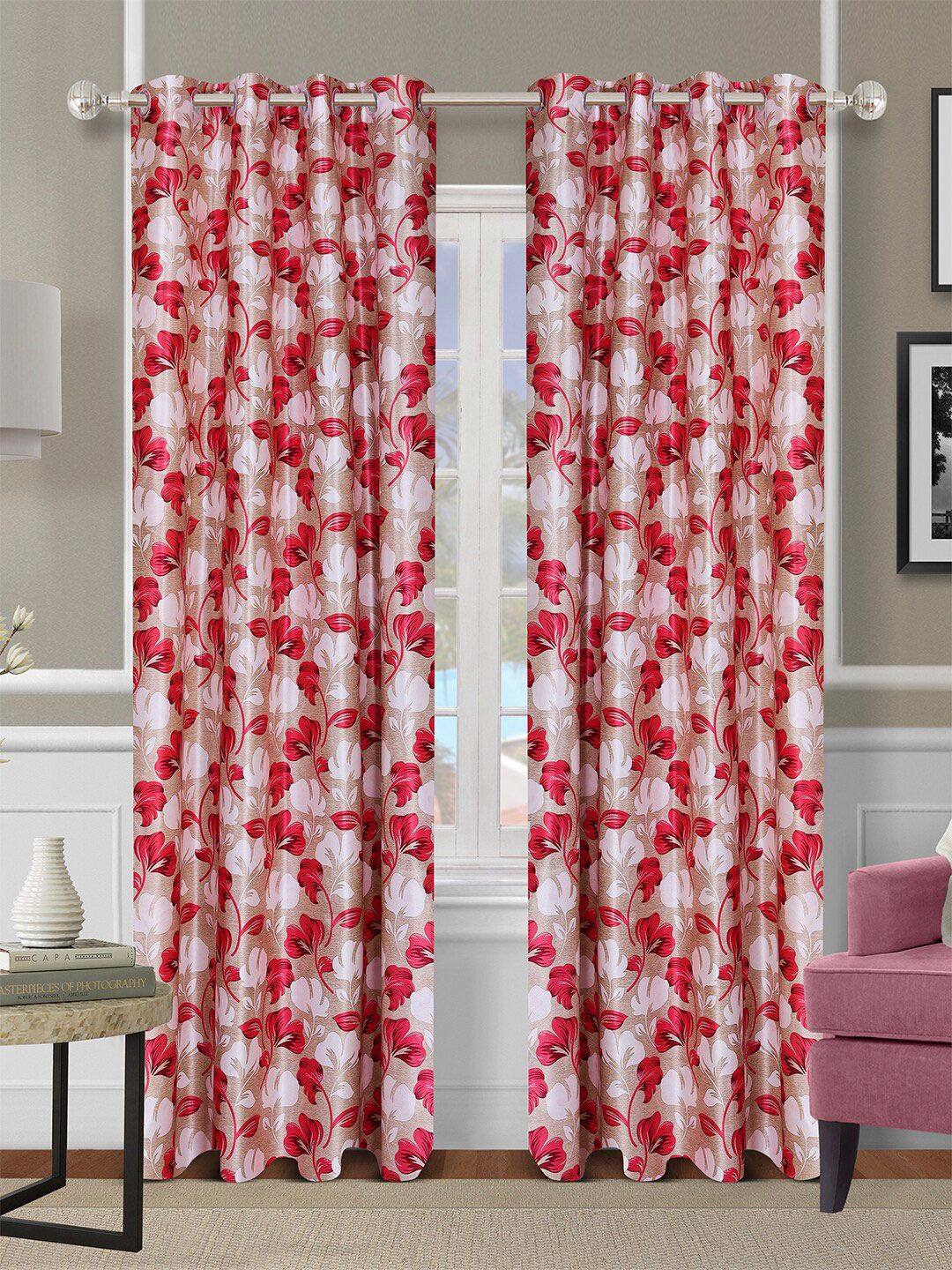 ROMEE Beige & Red  Floral Printed Long Door Curtain Set of 2 Price in India