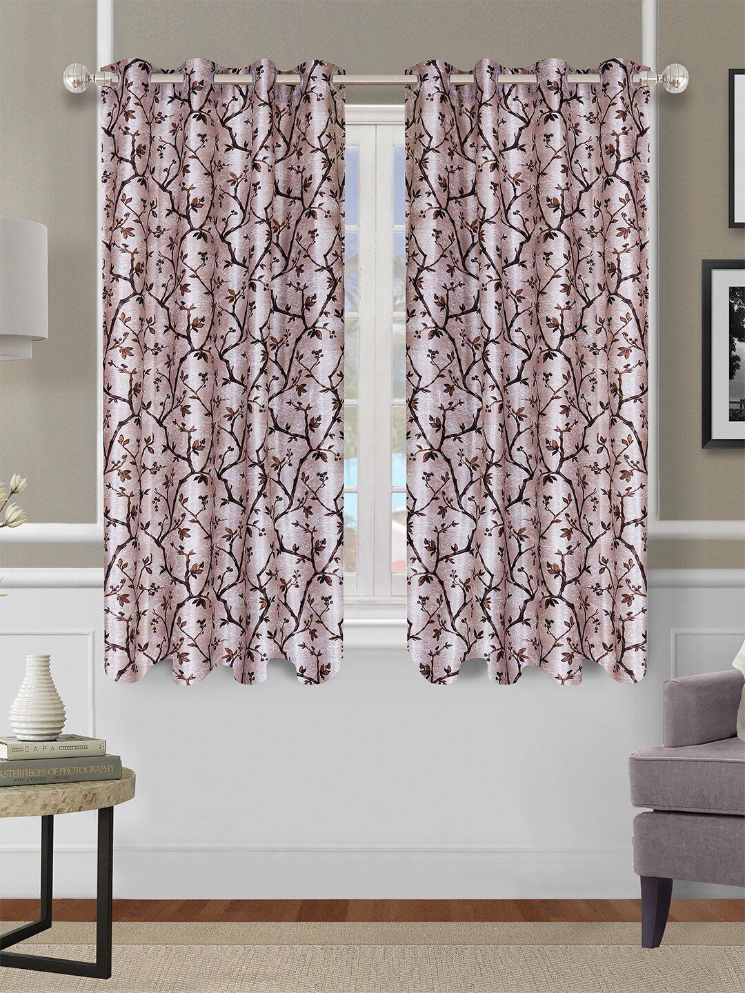 ROMEE Cream-Coloured & Brown Set of 2 Floral Window Curtain Price in India