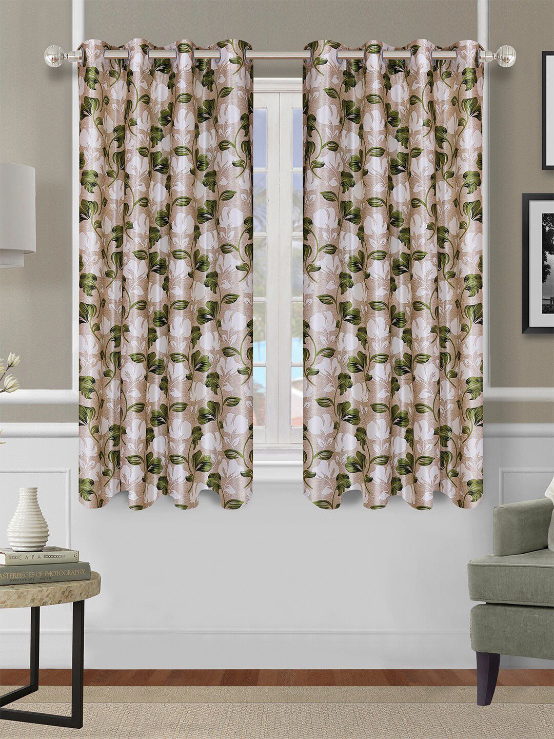 ROMEE Set Of 2 Beige & Green Floral Window Curtain Price in India