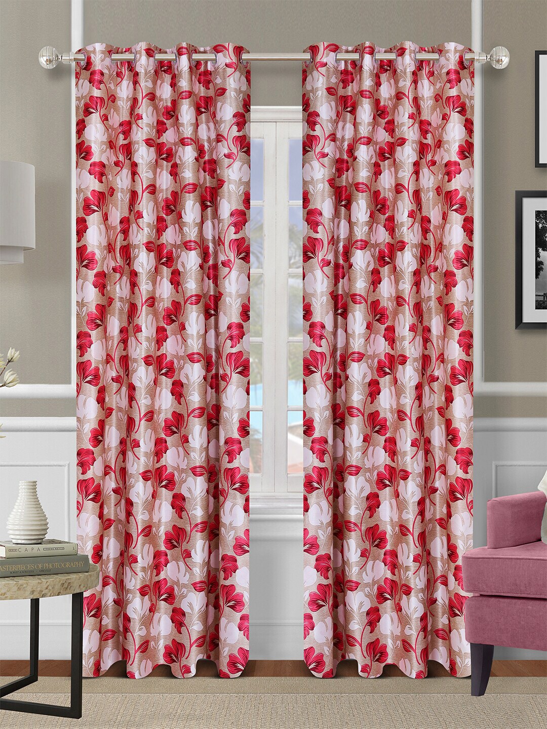 ROMEE Beige & Red Set of 2 Floral Printed Door Curtain Price in India