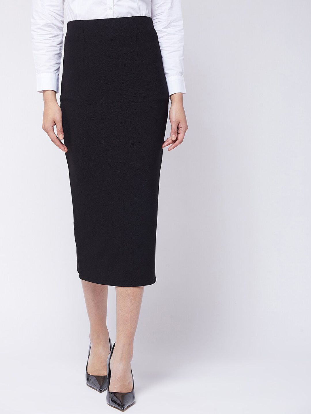 Purple Feather Women Black Solid Stretchable Midi Pencil Skirt Price in India