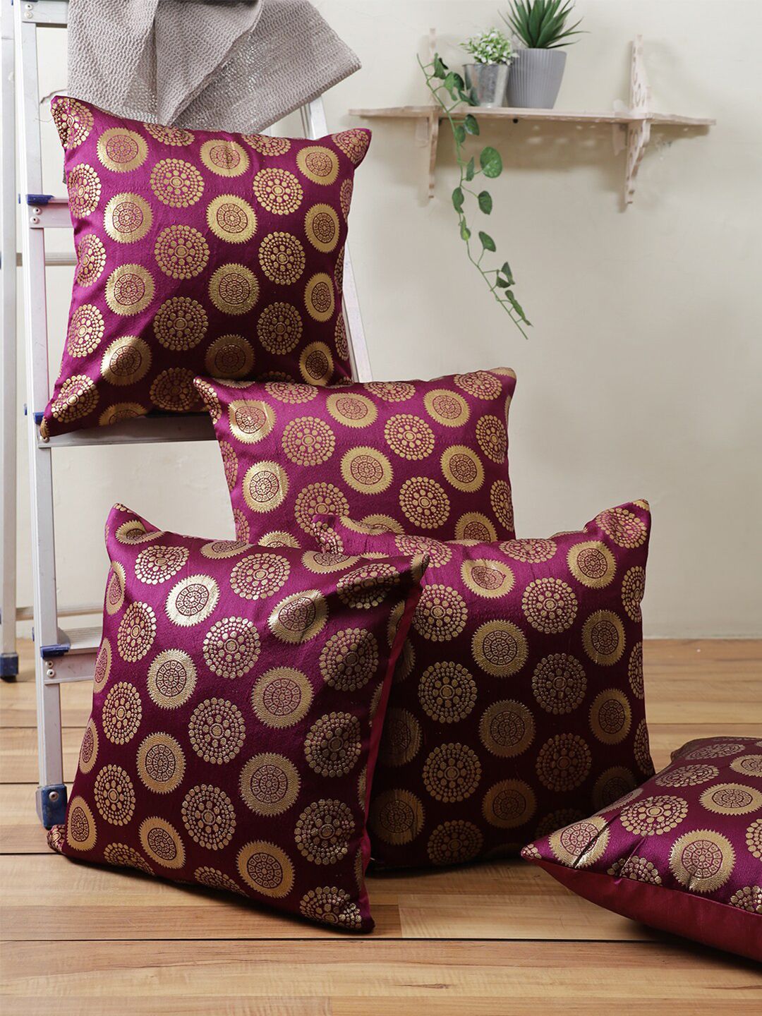 ROMEE Purple & Gold-Toned Set of 5 Ethnic Motifs Square Cushion Covers Price in India