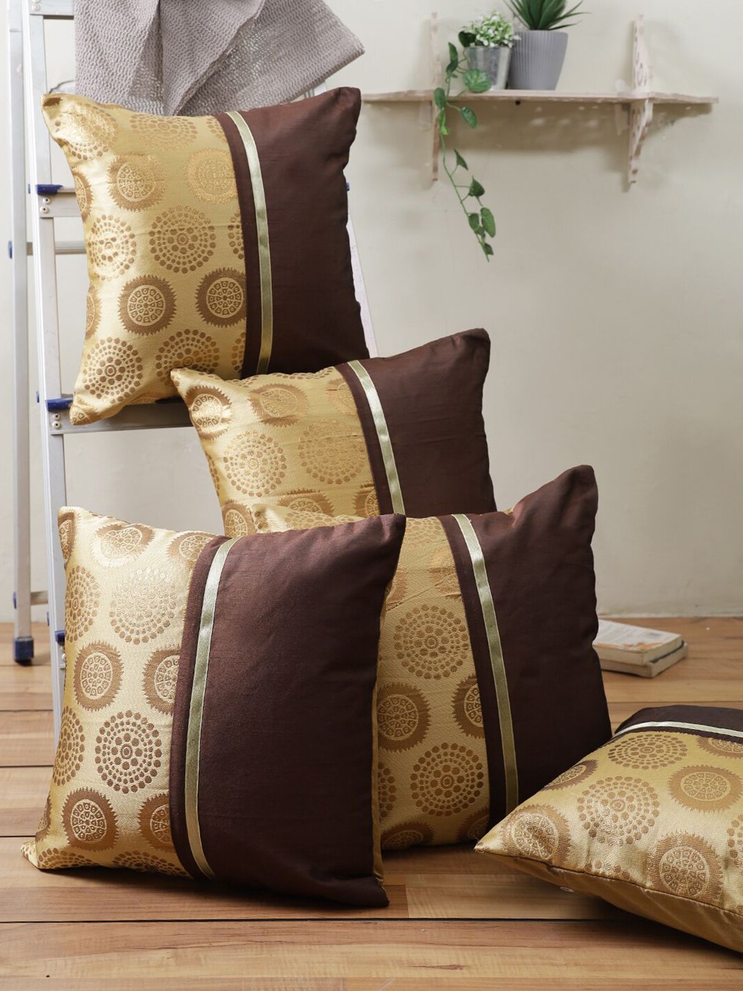 ROMEE Set of 5 Gold-Coloured & Brown Ethnic Motifs Square Cushion Covers Price in India