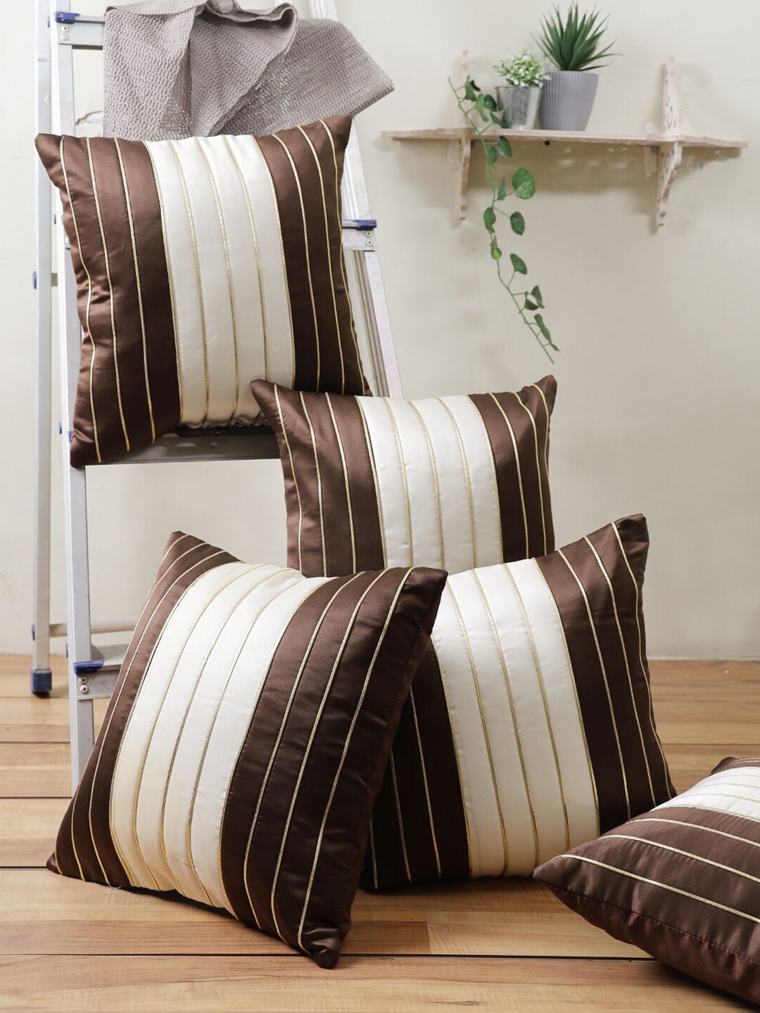 ROMEE Brown & Cream-Coloured Set of 5 Striped Square Cushion Covers Price in India