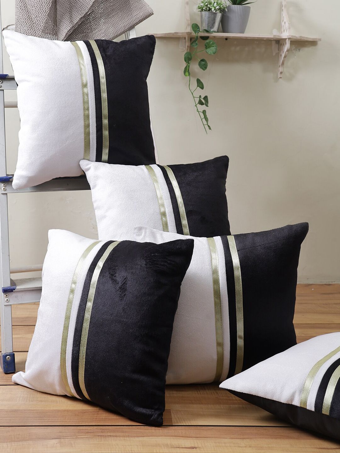 ROMEE Black & White Set of 5 Striped Square Cushion Covers Price in India