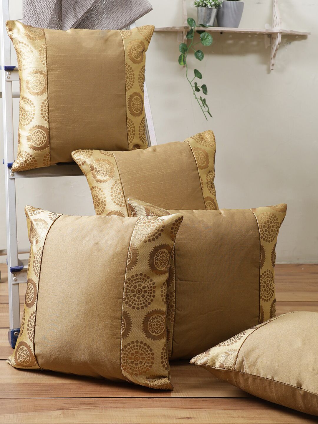 ROMEE Set Of 5 Gold-Toned Ethnic Motifs Printed Cushion Covers Price in India