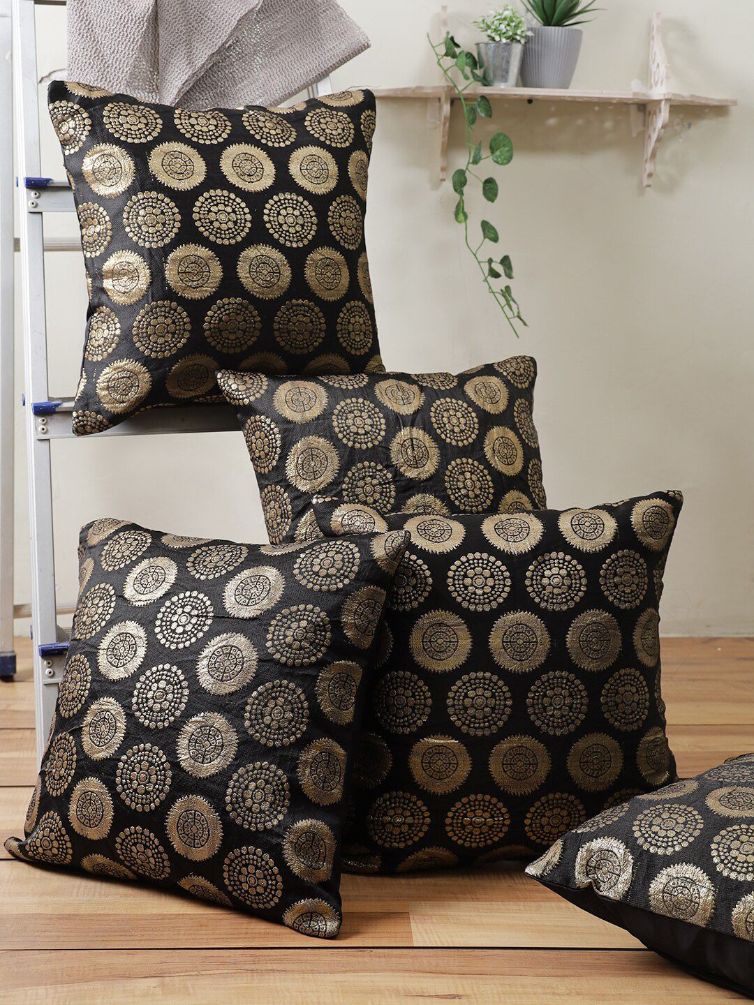 ROMEE  Set of 5 Black & Gold-Toned Ethnic Motifs Square Cushion Covers Price in India