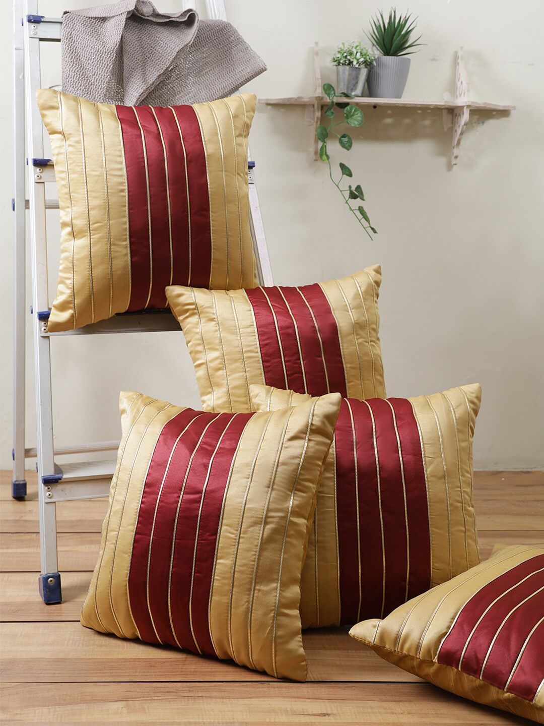 ROMEE Gold-Toned & Maroon Set of 5 Striped Square Cushion Covers Price in India