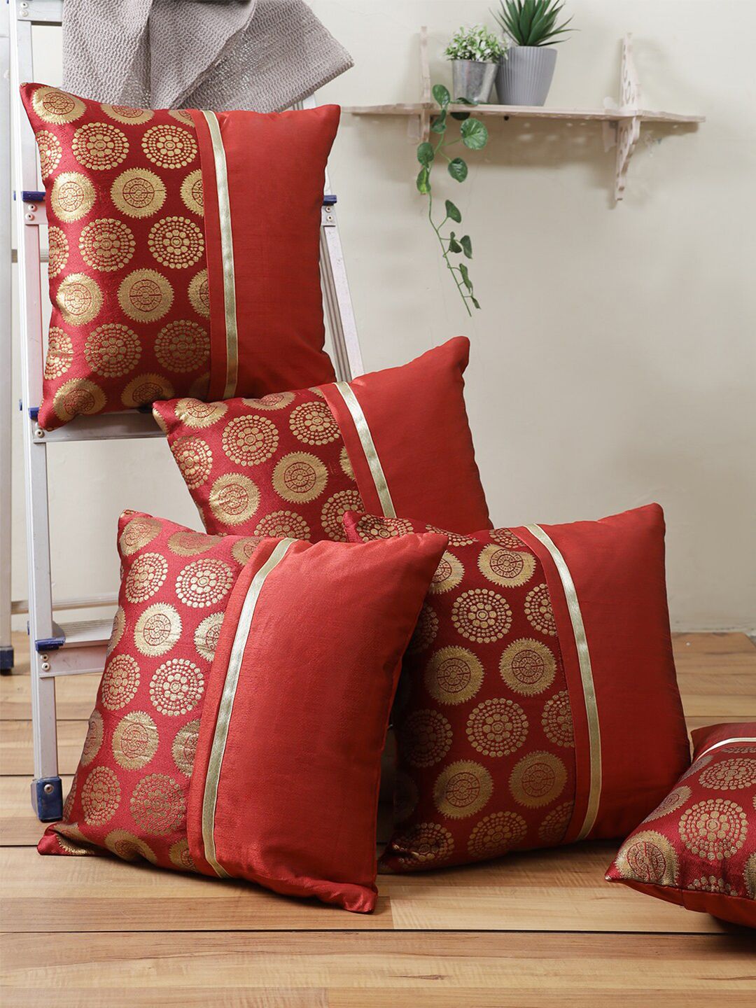 ROMEE Set Of 5 Maroon & Gold-Toned Ethnic Motifs Printed Cushion Covers Price in India