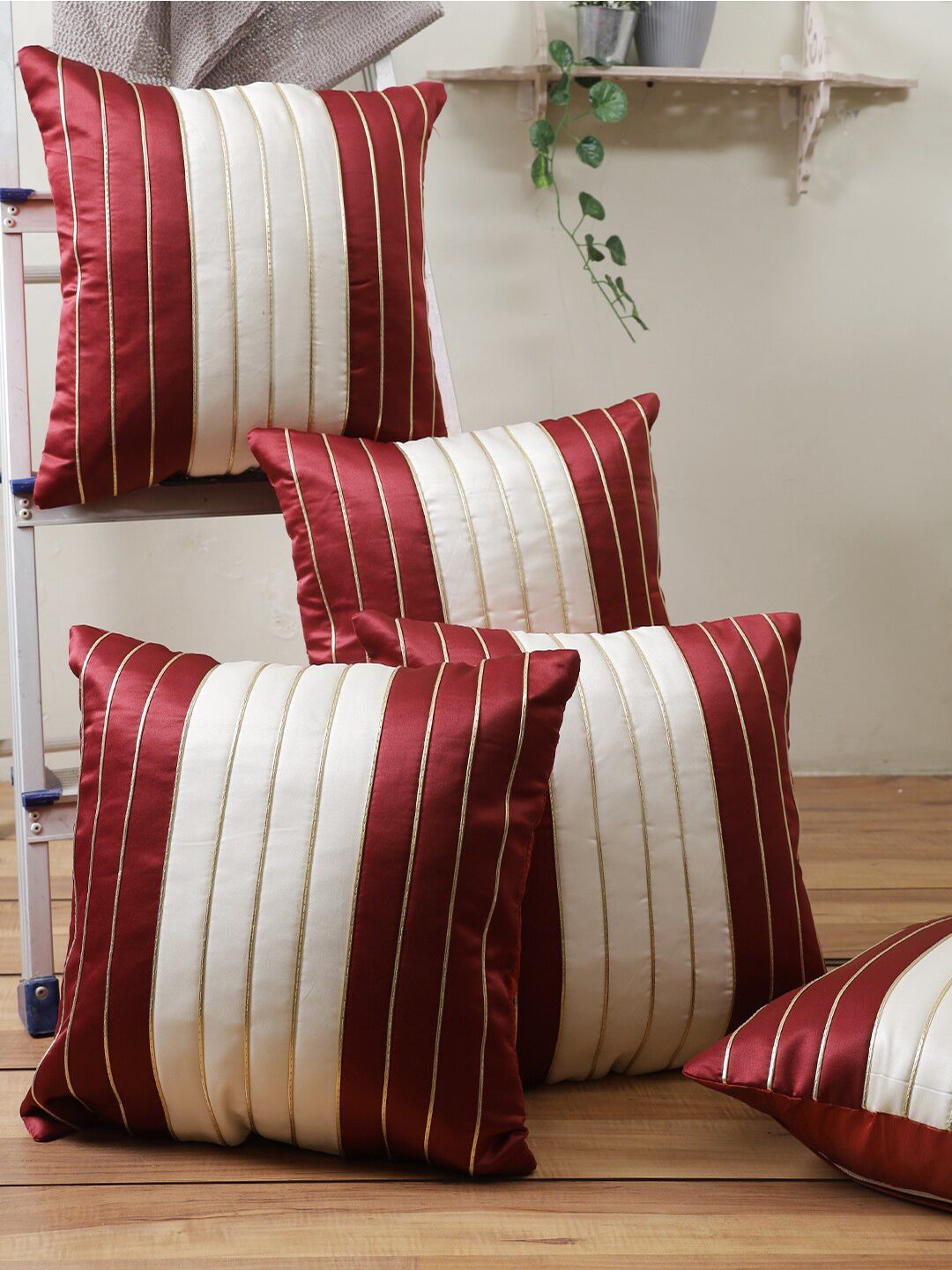 ROMEE Maroon & Cream-Coloured Set of 5 Striped Square Cushion Covers Price in India