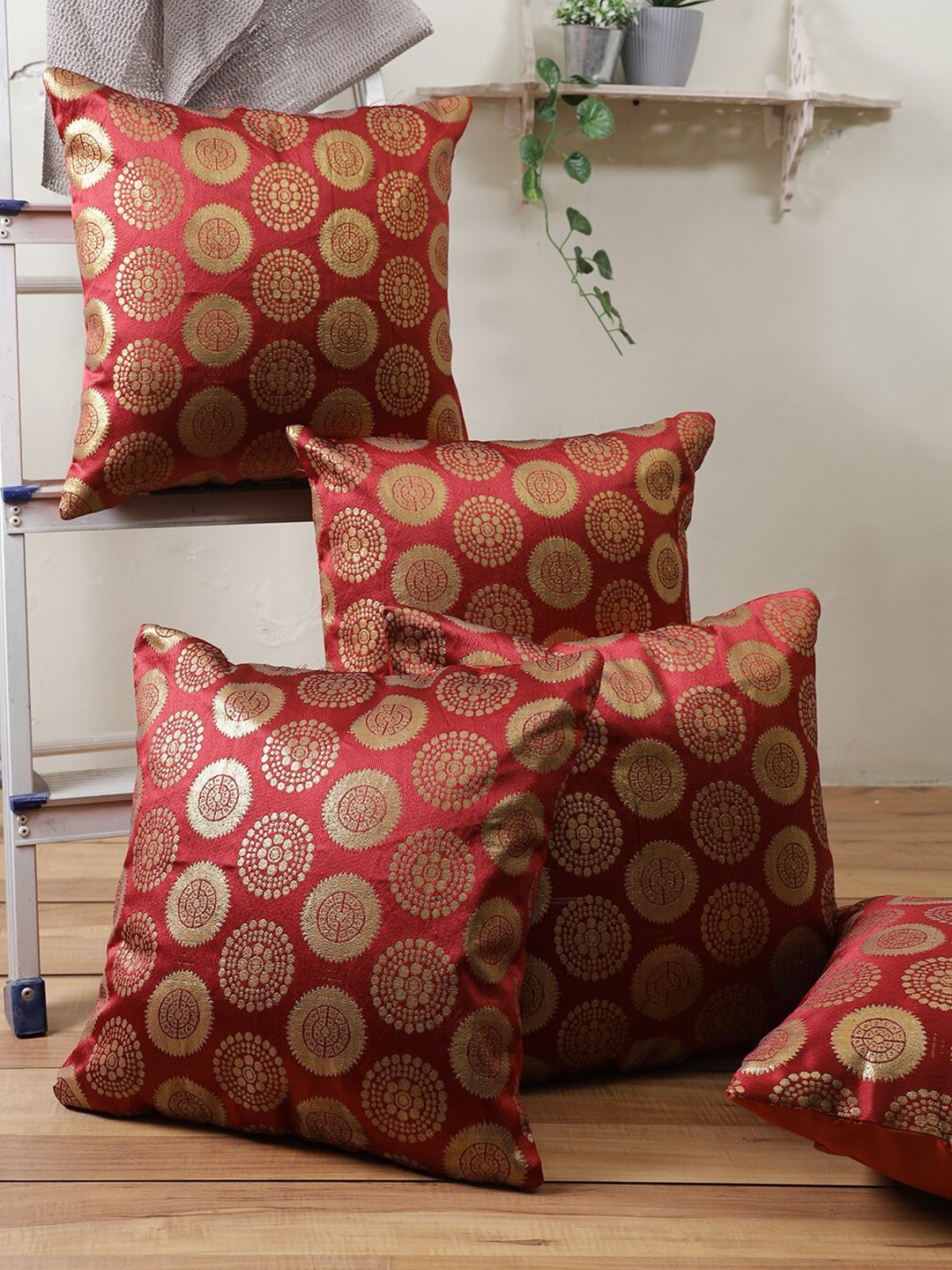 ROMEE Maroon & Gold-Toned Set of 5 Ethnic Motifs Square Cushion Covers Price in India