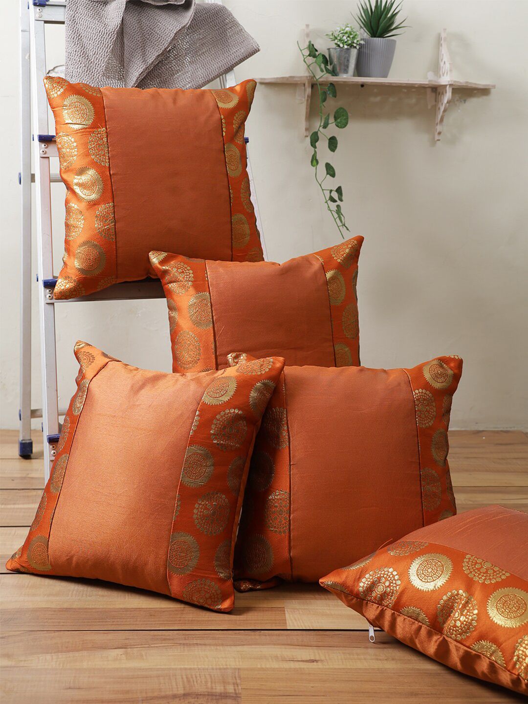 ROMEE Orange Set of 5 Ethnic Motifs Square Cushion Covers Price in India