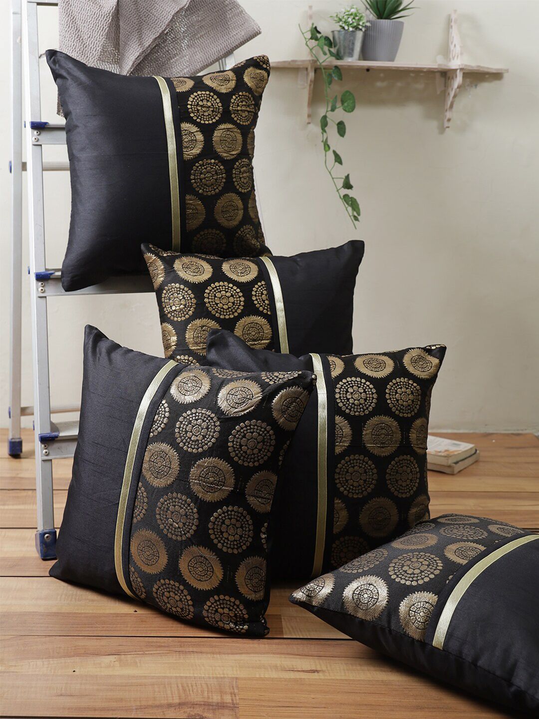 ROMEE Black & Gold-Toned Set of 5 Ethnic Motifs Mandala Printed Square Cushion Covers Price in India