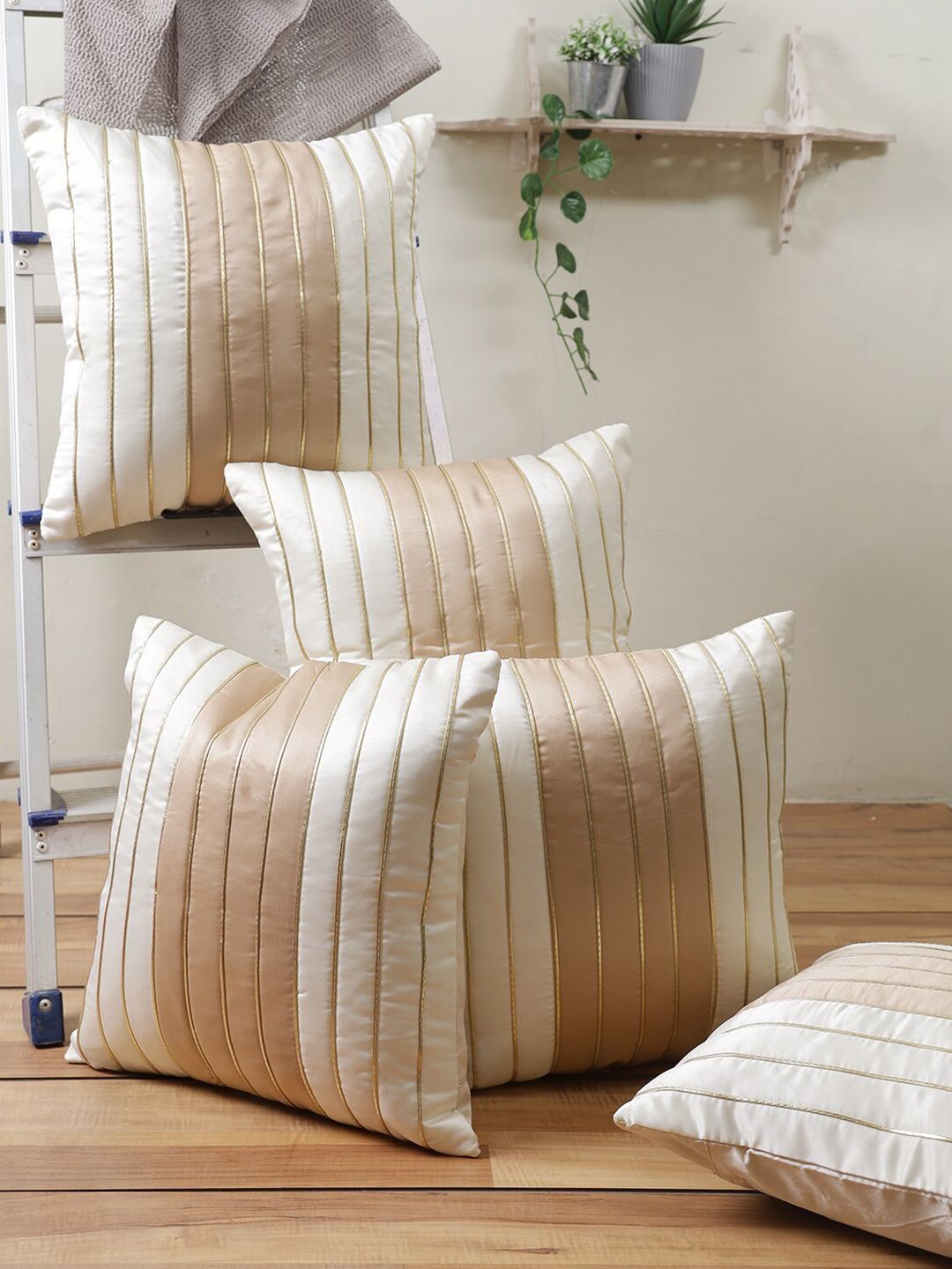 ROMEE Pack Of 5 White & Beige Striped Square Cushion Covers Price in India