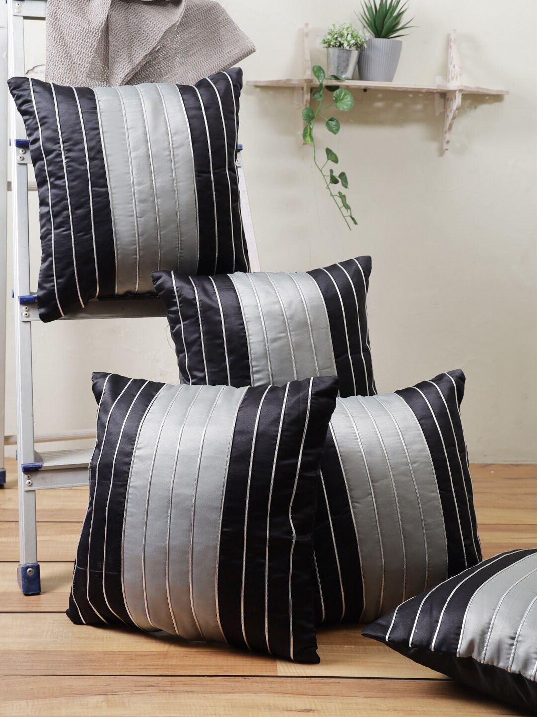 ROMEE Black & Grey Set of 5 Striped Square Cushion Covers Price in India