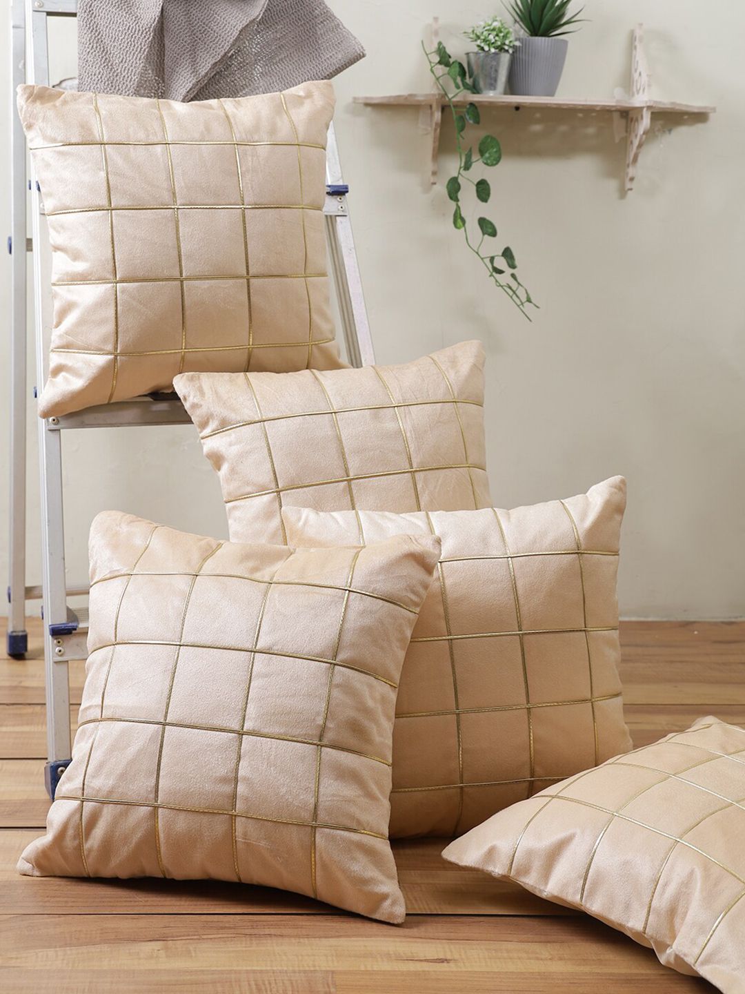 ROMEE Beige & Gold-Toned Set Of 5 Checked Square Cushion Covers Price in India