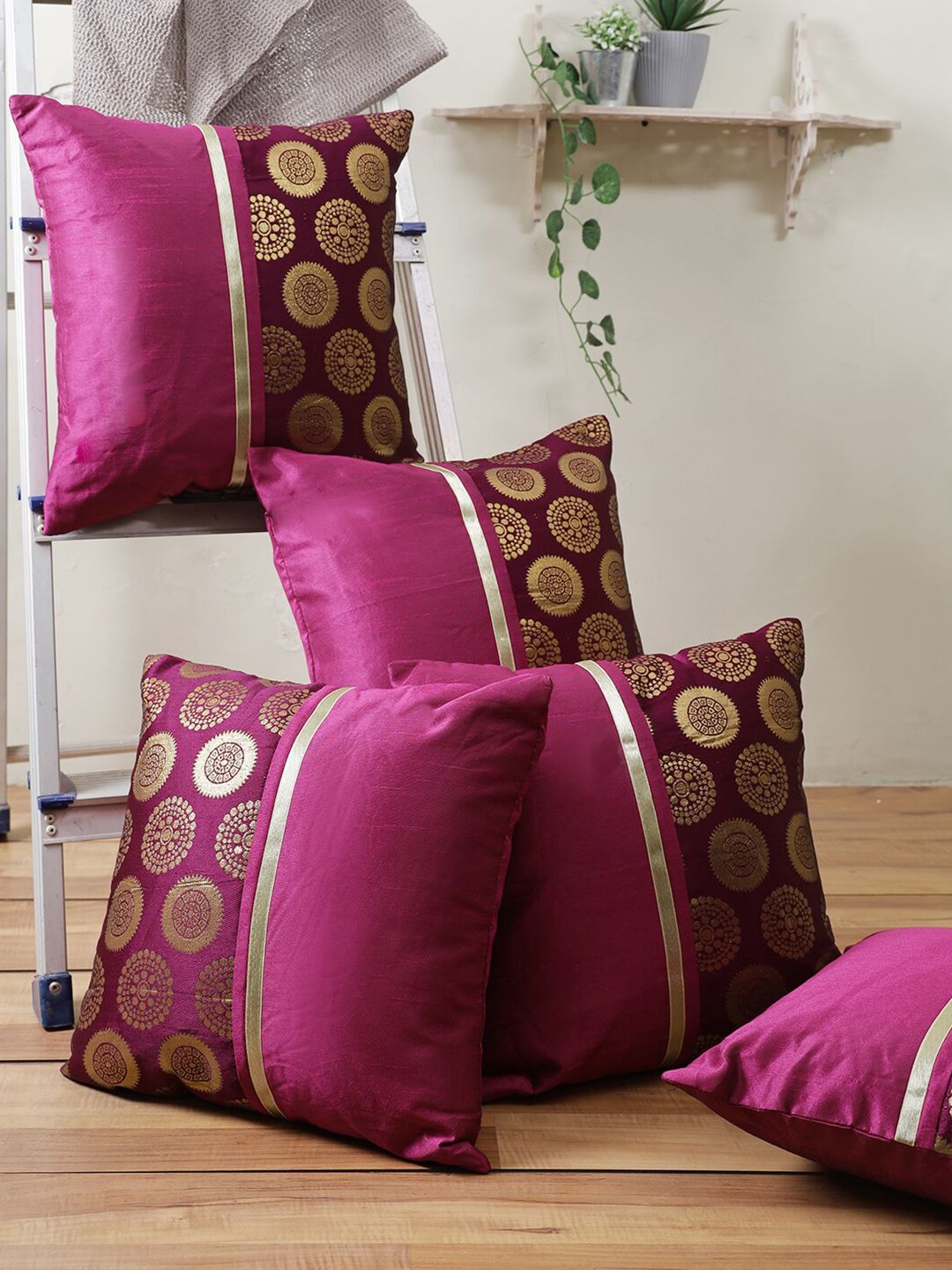 ROMEE Purple & Gold-Toned Set of 5 Ethnic Motifs Square Cushion Covers Price in India