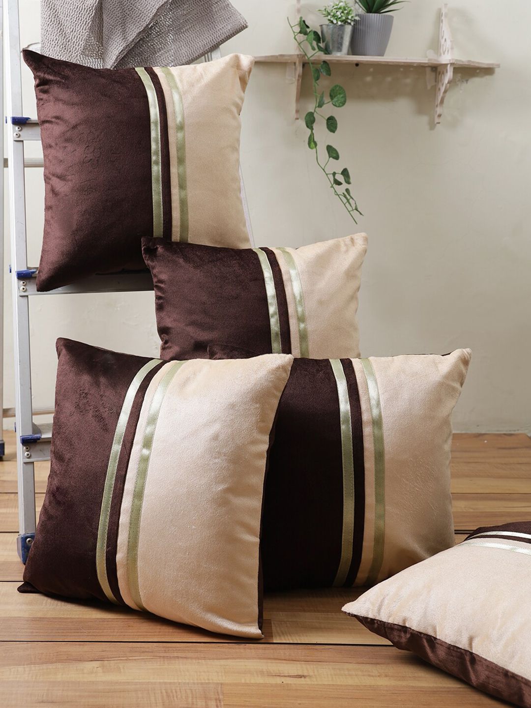 ROMEE Brown & Beige Set of 5 Striped Square Cushion Covers Price in India