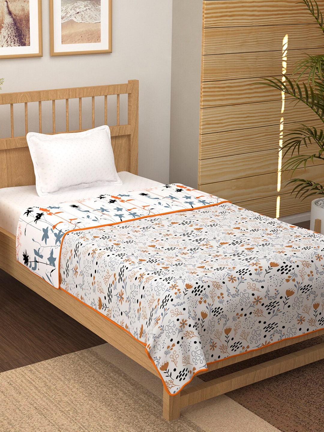 Story@home Orange & White Floral AC Room 150 GSM Reversible Single Bed Dohar Price in India