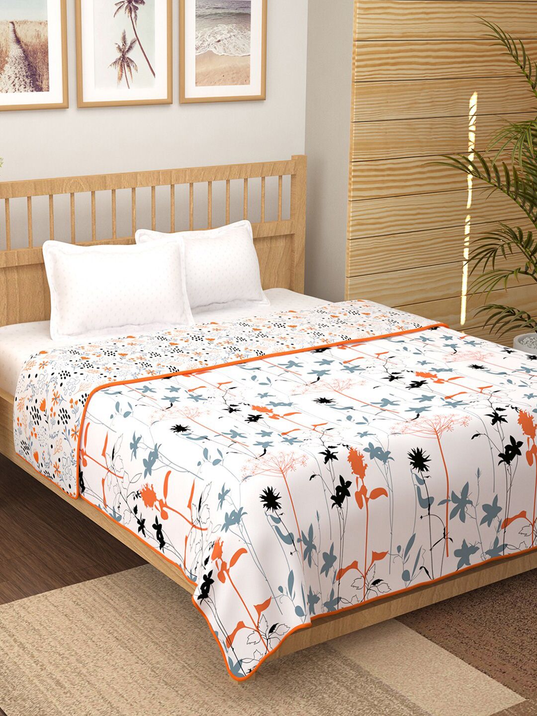 Story@home Orange & White Floral AC Room 150 GSM Reversible Double Bed Dohar Price in India