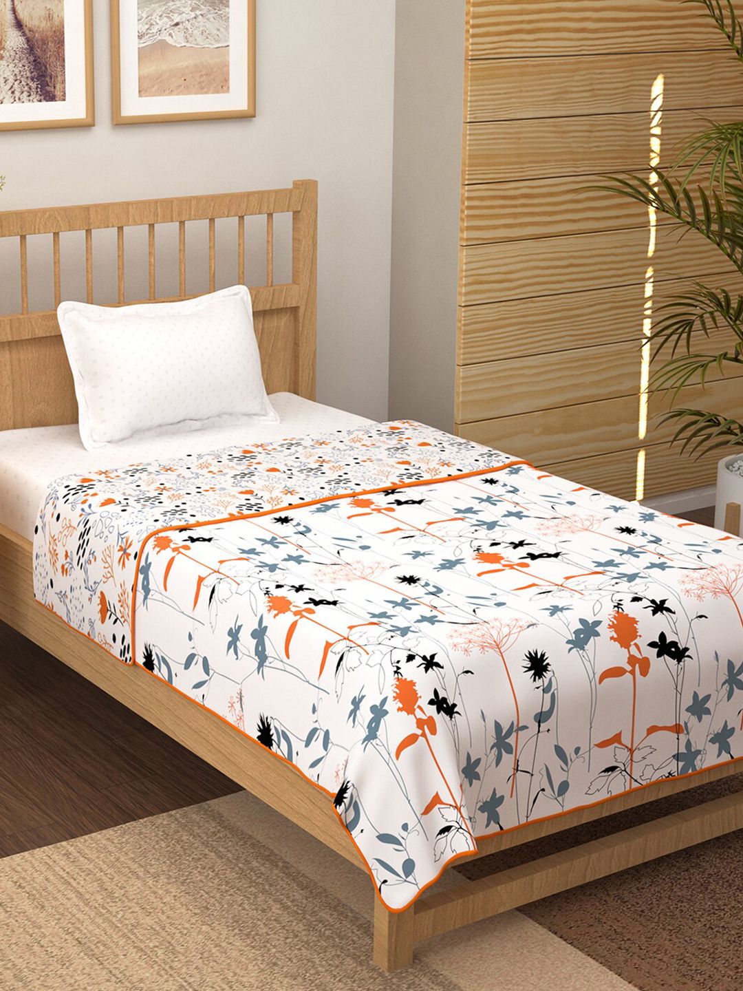 Story@home Orange & White Floral Printed 150 GSM Reversible Single Bed AC Dohar Price in India