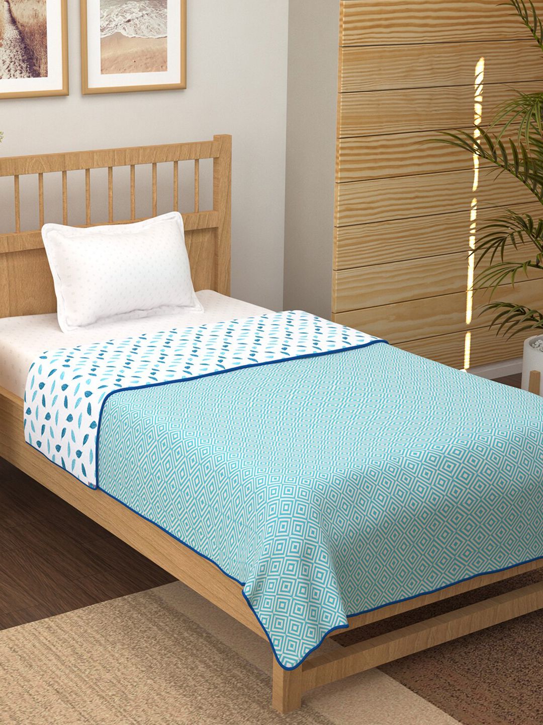 Story@home Turquoise Blue & White 150 GSM Single Bed Floral AC Room Dohar Price in India