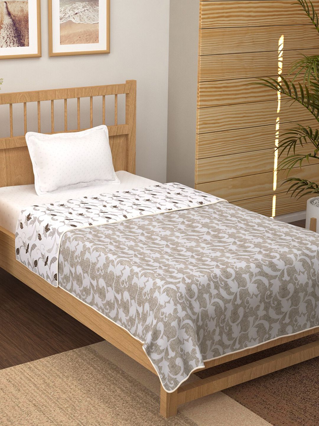 Story@home Brown & White Floral AC Room 150 GSM Leaf Pattern Reversible Single Bed Dohar Price in India