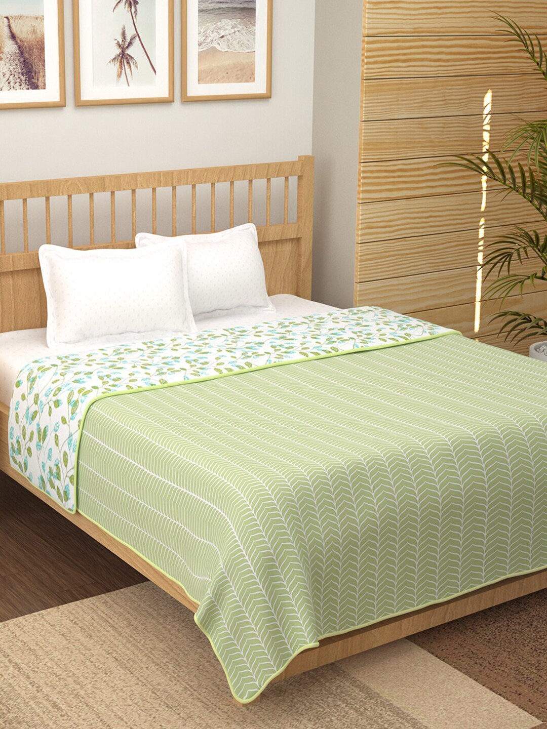 Story@home Olive Green Floral AC Room 150 GSM Reversible Double Bed Dohar Price in India