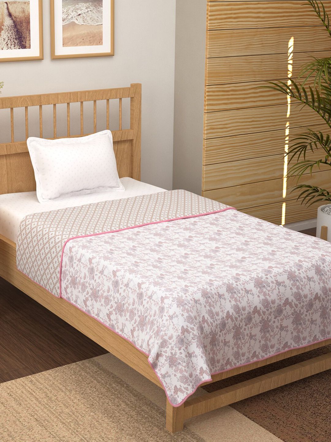Story@home Pink & White Floral AC Room 150 GSM Reversible Single Bed Dohar Price in India