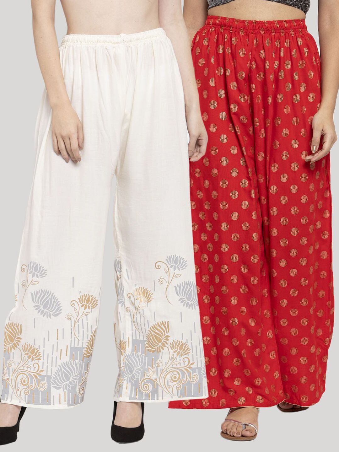 Clora Creation Women Pack of 2 Cream-Coloured & Red Ethnic Motifs Printed Ethnic Palazzos Price in India