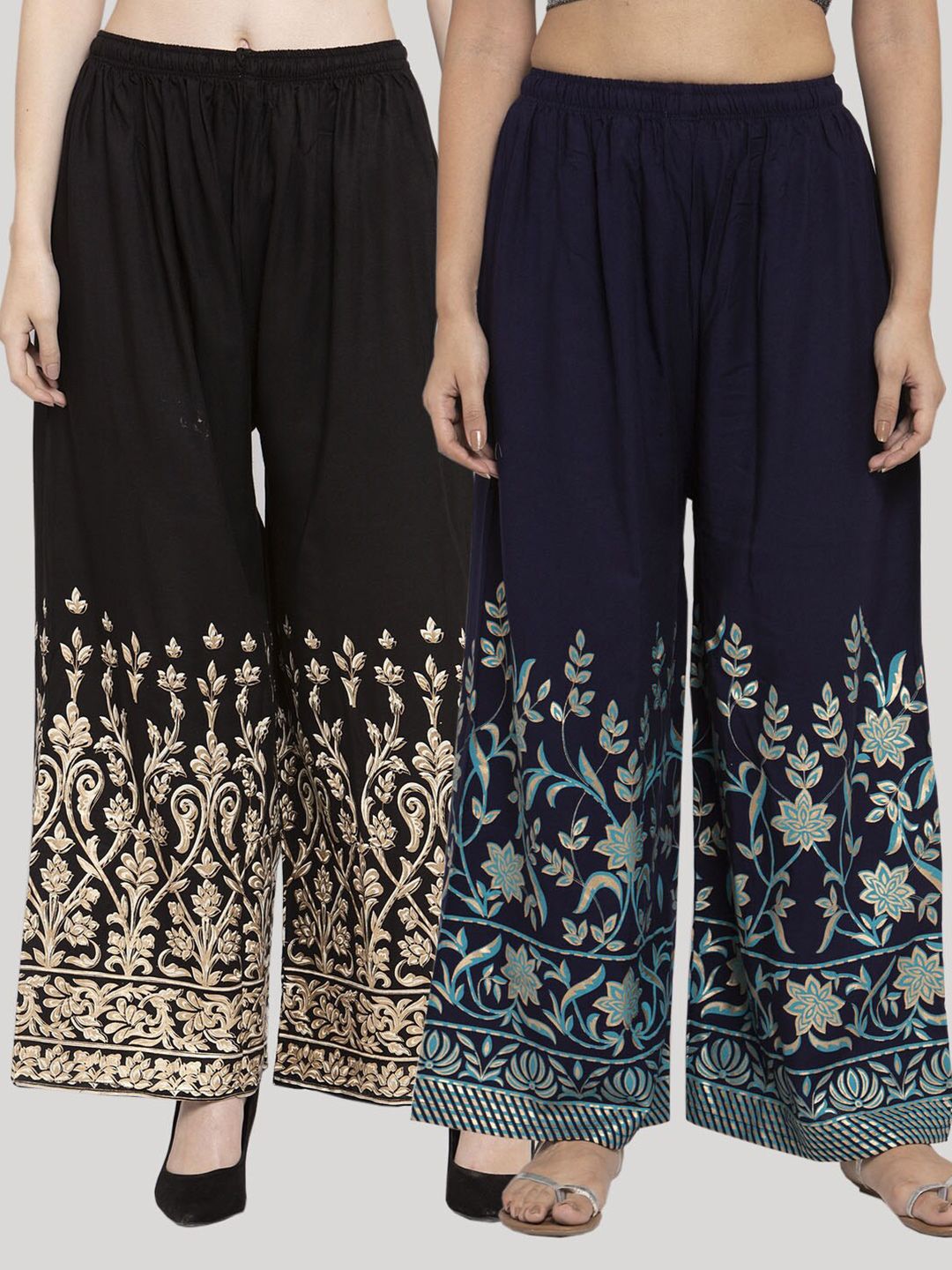 Clora Creation Women Black & Navy Blue Pack Of 2 Floral Printed Straight Fit Palazzos Price in India