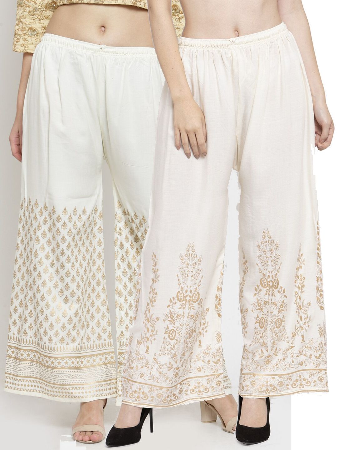 Clora Creation Women Cream-Coloured & Gold-Toned Pack Of 2 Floral Printed Palazzos Price in India