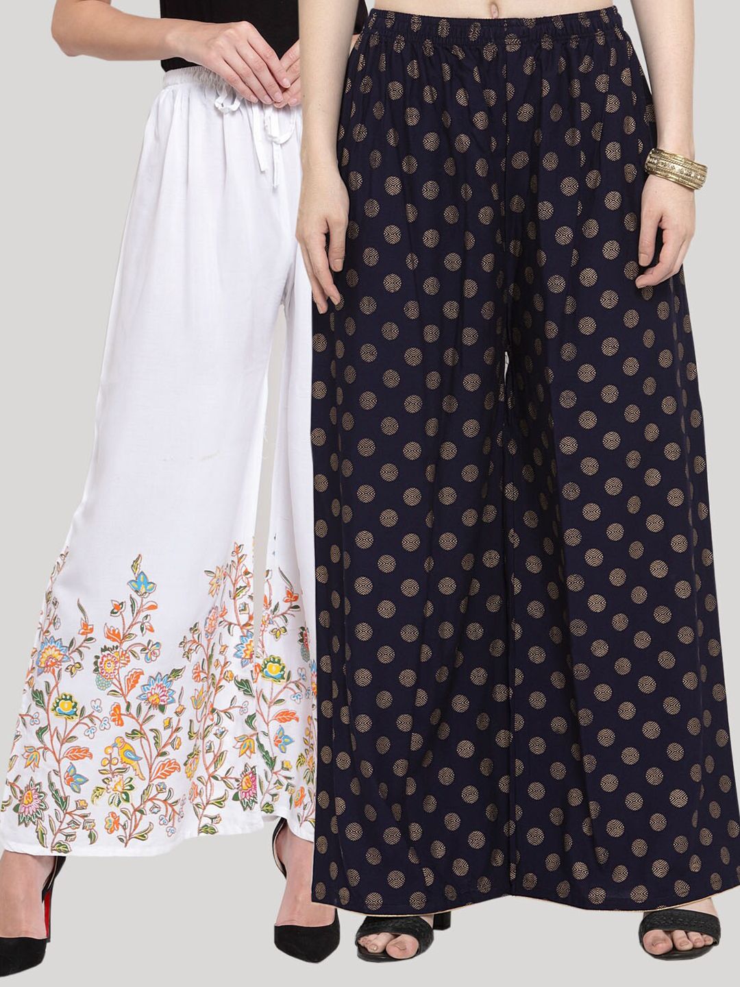 Clora Creation Women White & Navy Blue Set Of 2 Printed Flared Knitted Ethnic Palazzos Price in India