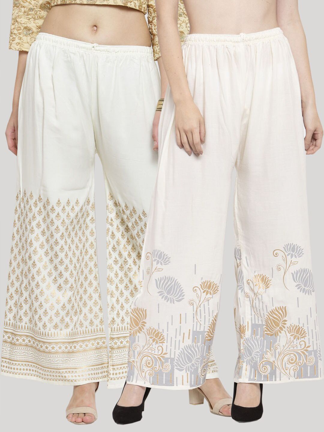 Clora Creation Women Pack Of 2 White & Cream-Coloured Floral Printed Ethnic Palazzos Price in India