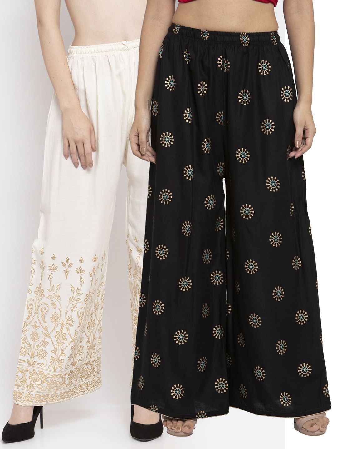 Clora Creation Women Cream-Coloured & Black Set Of 2 Printed Flared Knitted Palazzos Price in India