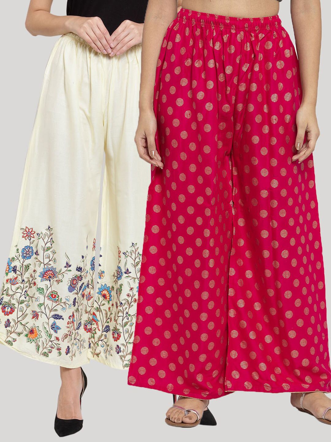 Clora Creation Women Pink & Cream-Coloured Set Of 2 Floral Printed Knitted Ethnic Palazzos Price in India
