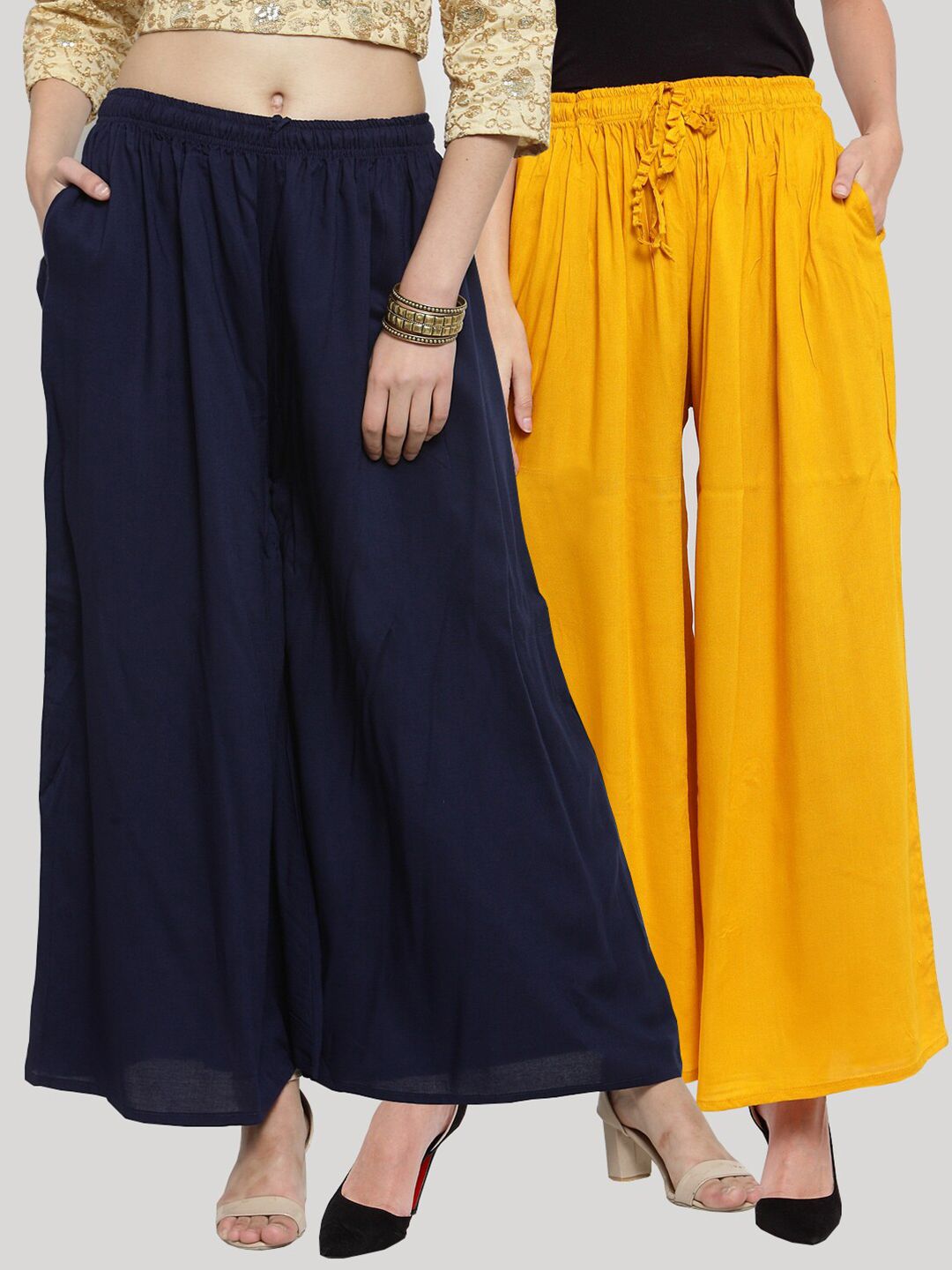 Clora Creation Women Pack of 2 Yellow & Navy Blue Knitted Ethnic Palazzos Price in India