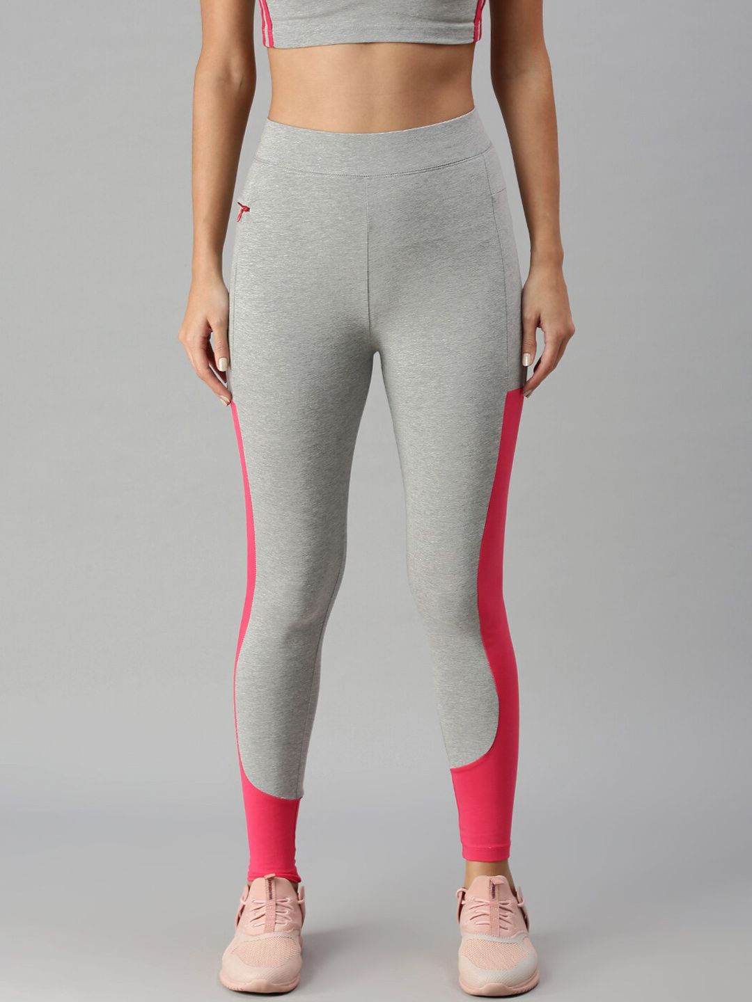 De Moza Women Grey Melange & Pink Colourblocked Active Wear Skinny Fit Tights Price in India
