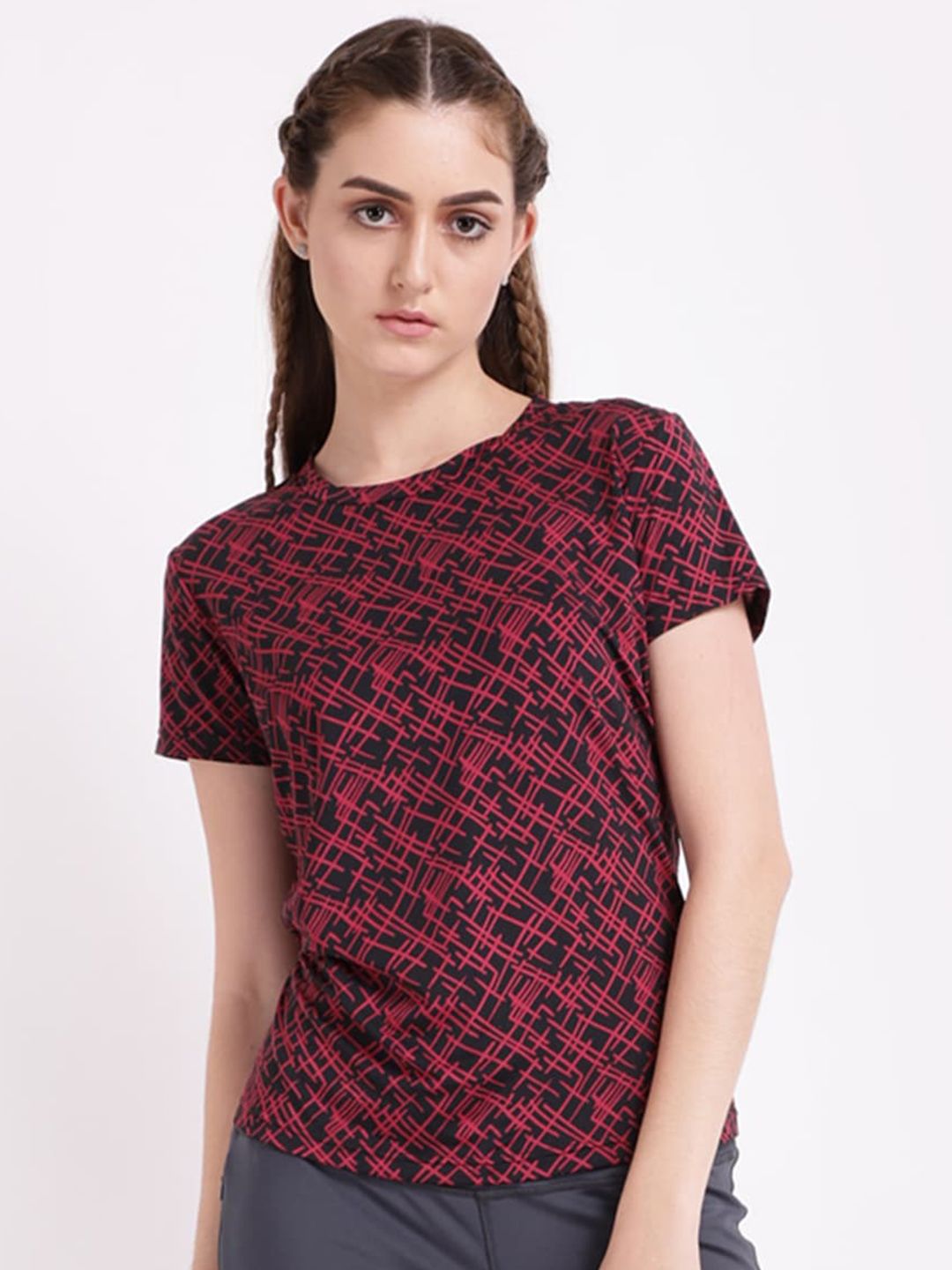 STUDIOACTIV Women Black & Maroon Printed T-shirt Price in India